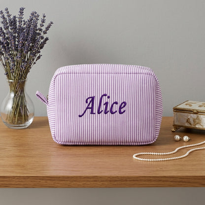 Embroidered Name Seersucker Makeup Bag – Personalized Bridesmaid Gift Monogrammed Toiletry Bag for Mom & Friends
