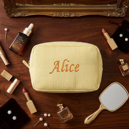 Embroidered Name Seersucker Makeup Bag – Personalized Bridesmaid Gift Monogrammed Toiletry Bag for Mom & Friends