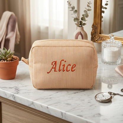 Embroidered Name Seersucker Makeup Bag – Personalized Bridesmaid Gift Monogrammed Toiletry Bag for Mom & Friends