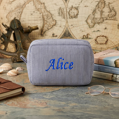 Embroidered Name Seersucker Makeup Bag – Personalized Bridesmaid Gift Monogrammed Toiletry Bag for Mom & Friends