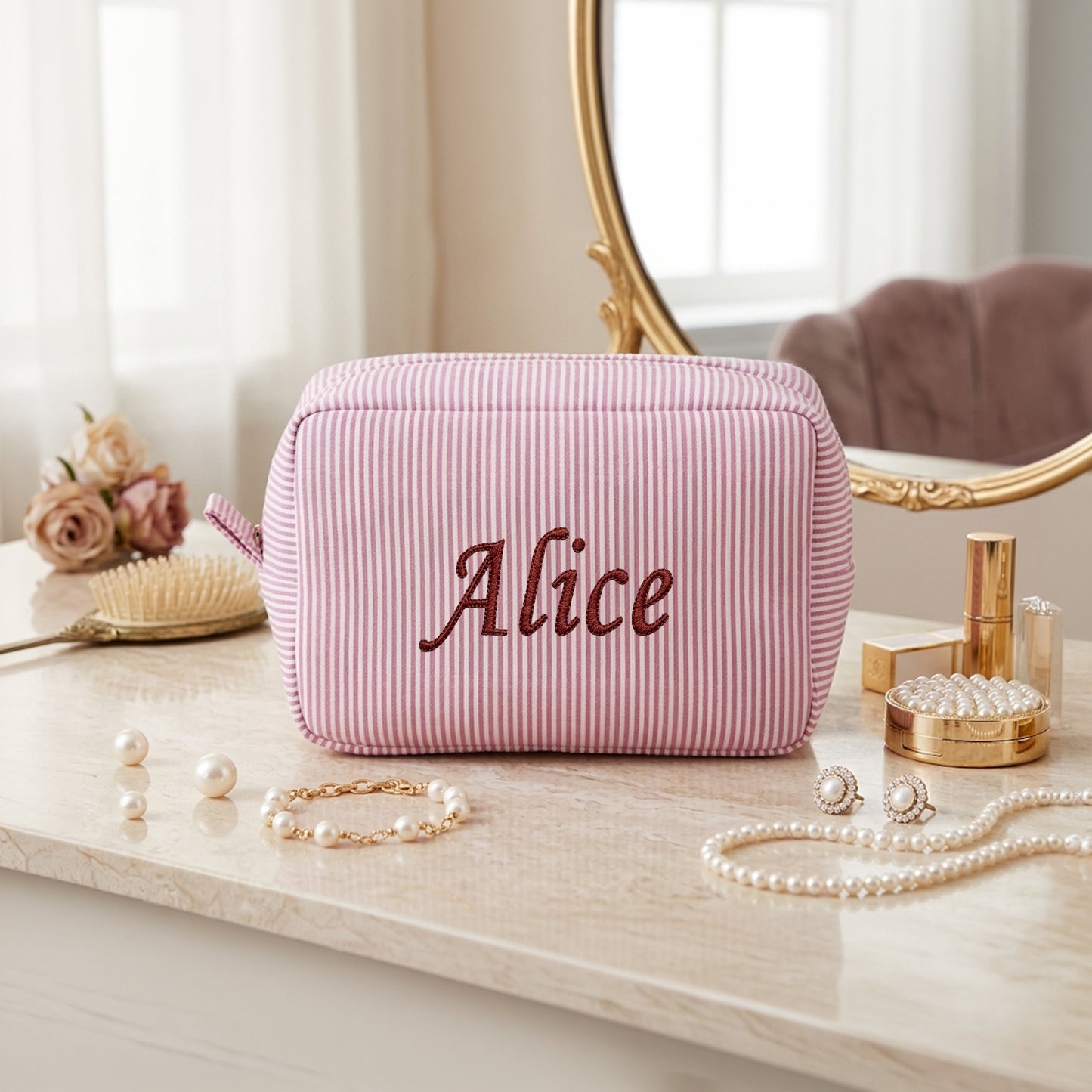 Embroidered Name Seersucker Makeup Bag – Personalized Bridesmaid Gift Monogrammed Toiletry Bag for Mom & Friends