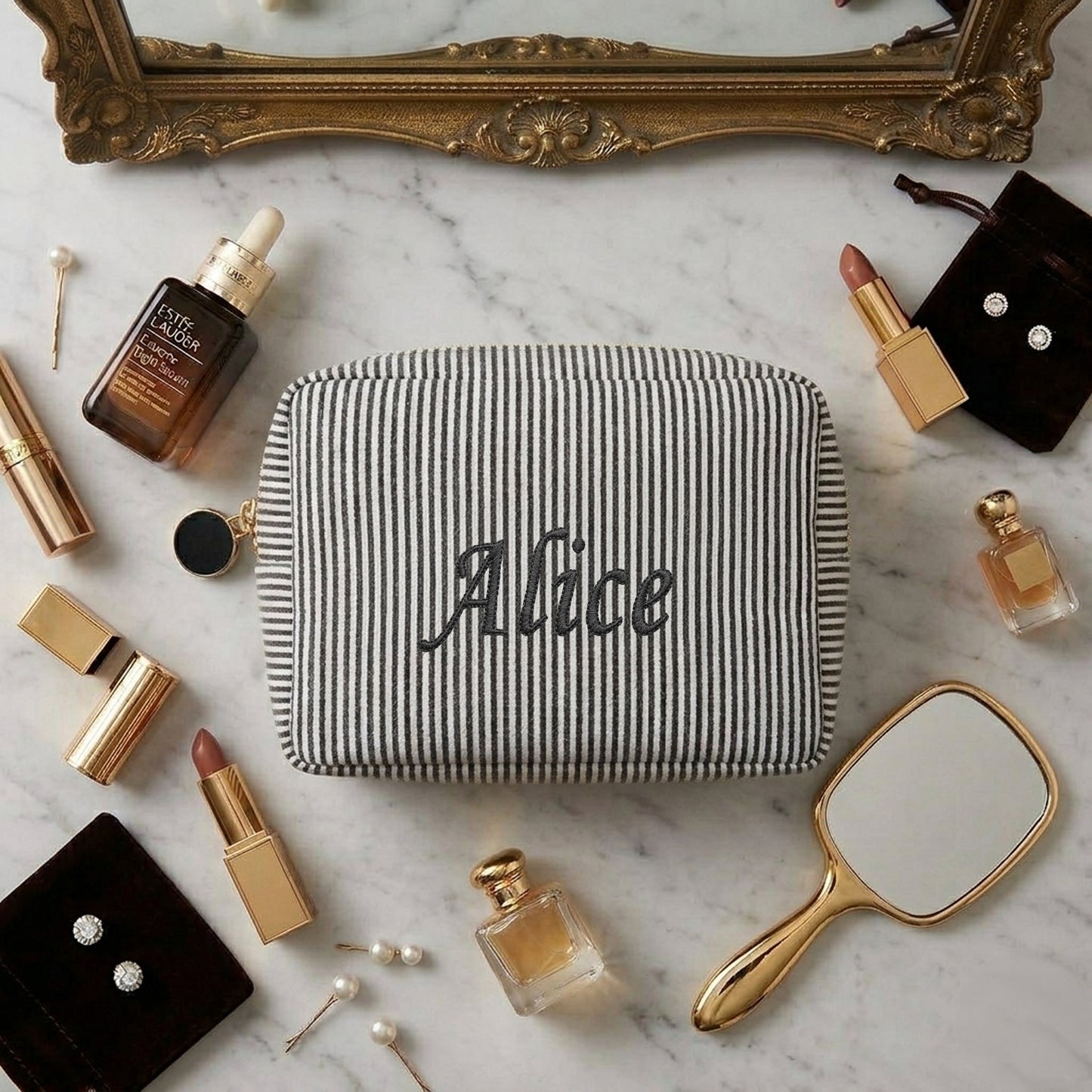 Embroidered Name Seersucker Makeup Bag – Personalized Bridesmaid Gift Monogrammed Toiletry Bag for Mom & Friends