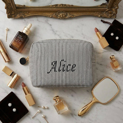 Embroidered Name Seersucker Makeup Bag – Personalized Bridesmaid Gift Monogrammed Toiletry Bag for Mom & Friends