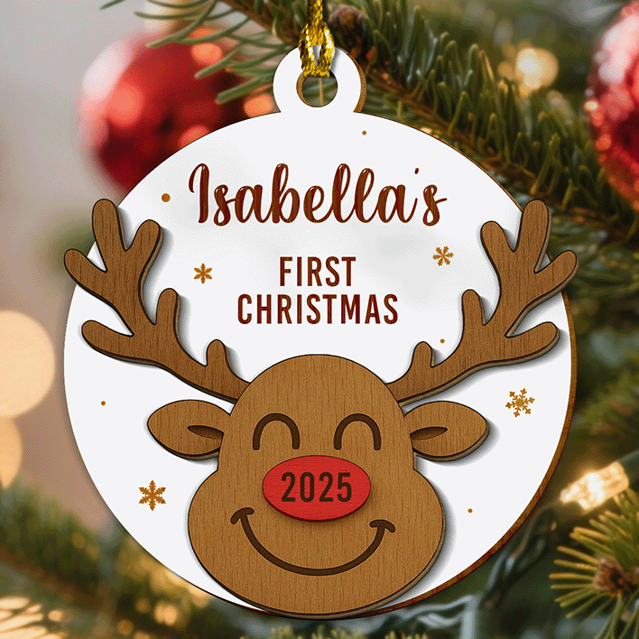 Baby’s First Christmas Deer Ornament – Personalized 2-Layer Wooden Keepsake Gift