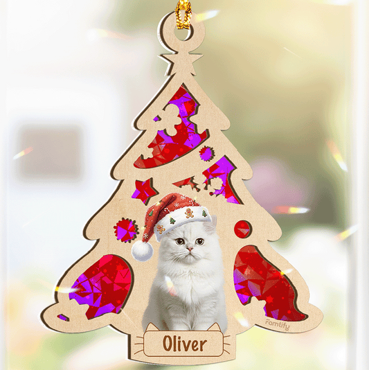 Cat and Christmas Tree - Custom Wood and Hologram Ornament for Cat Lovers Christmas Gift