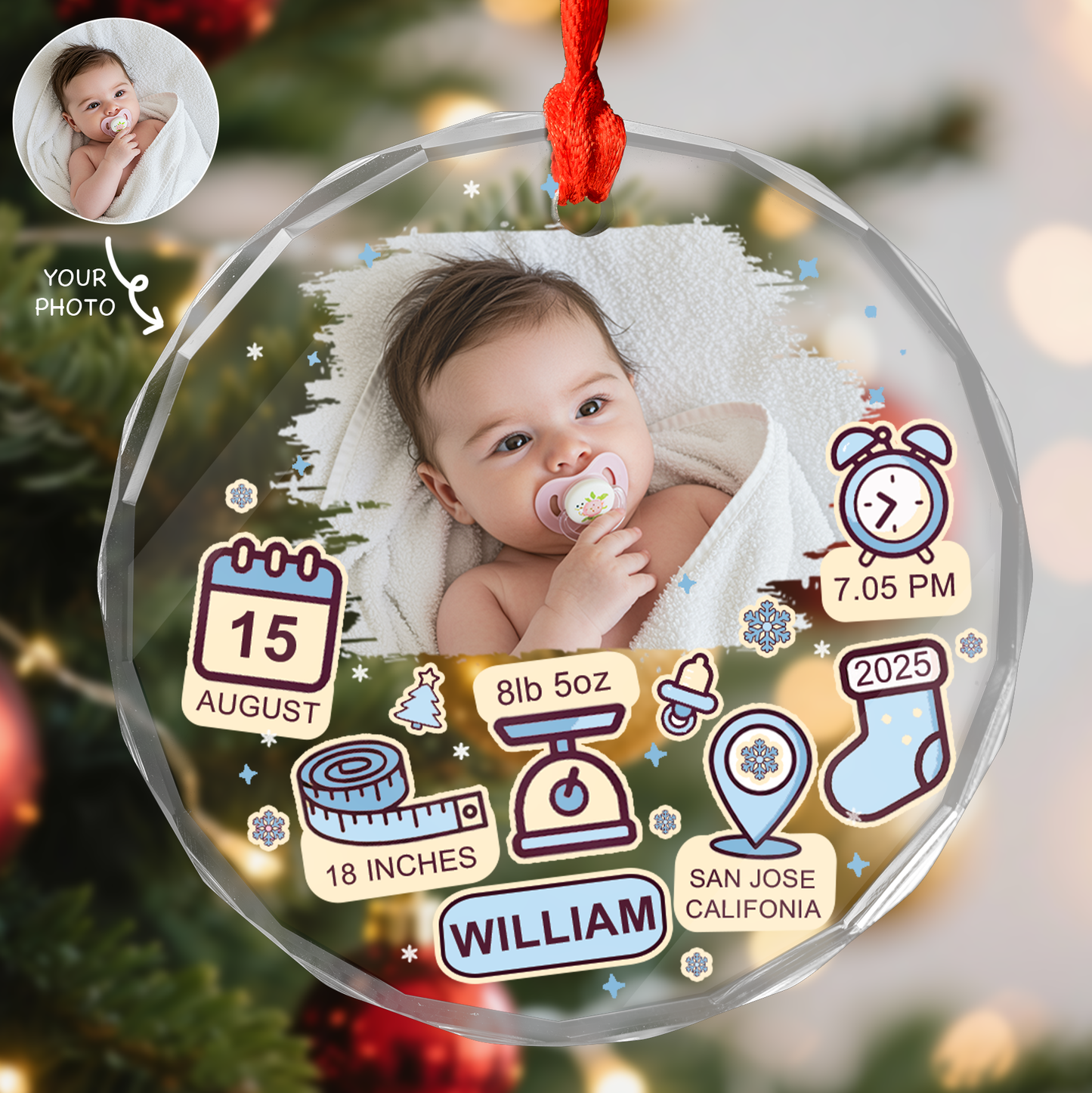 Baby's First Christmas - Custom Photo Circle Glass Ornament