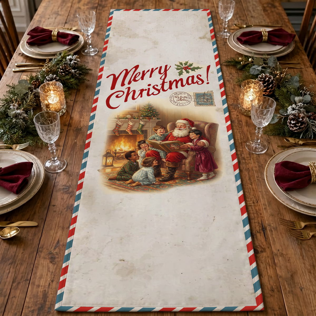 Personalized Vintage Santa Storybook Christmas Table Runner, Custom Name Airmail Envelope Postcard Holiday Table Runner & Dining Decor