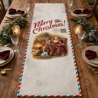 Personalized Vintage Santa Storybook Christmas Table Runner, Custom Name Airmail Envelope Postcard Holiday Table Runner & Dining Decor