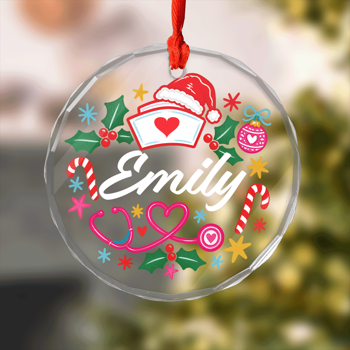 Round clear glass nurse ornament with a Santa hat nurse cap with a red heart, heart stethoscope, candy canes and a custom name