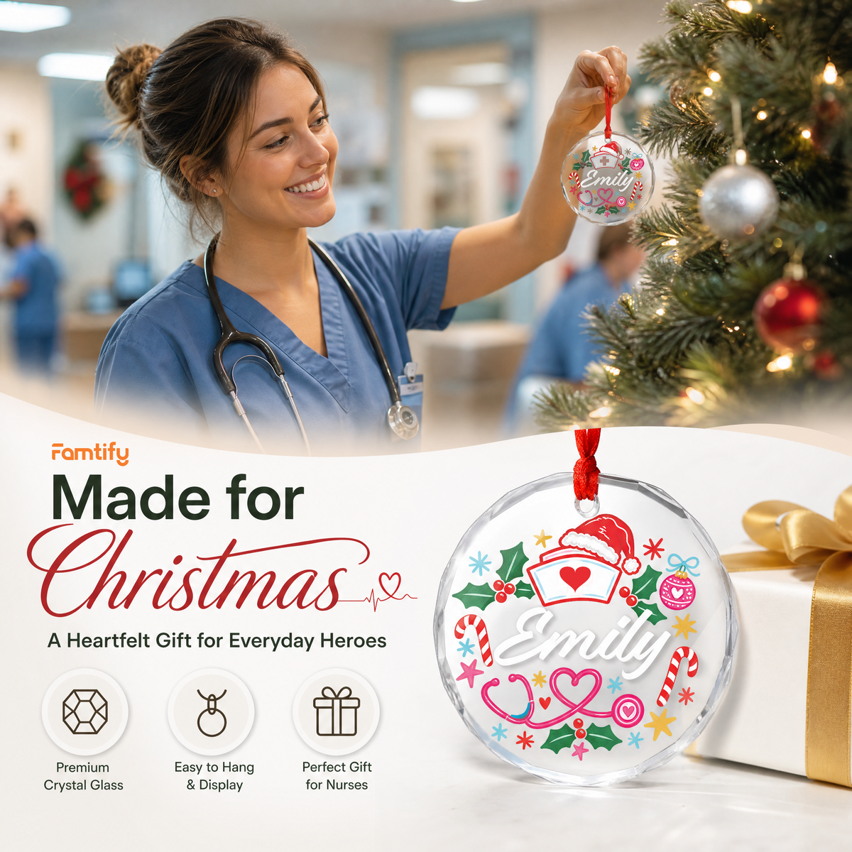 Personalized nurse Christmas glass ornament in a cozy holiday setting