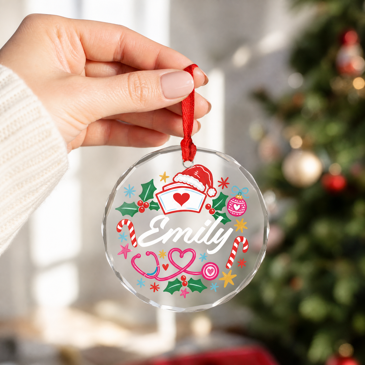 Clear glass nurse ornament with custom name for holiday decor