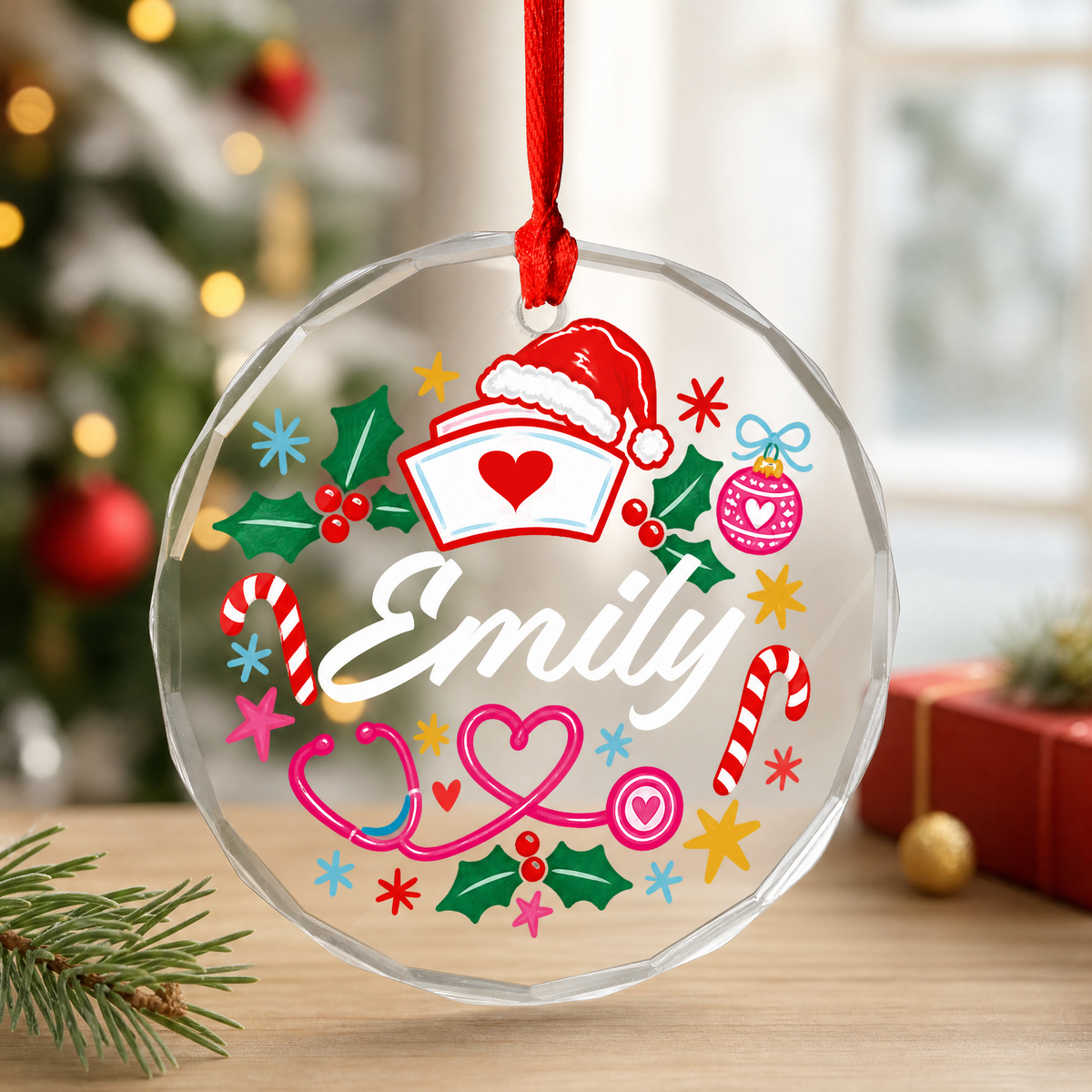 Personalized nurse glass ornament on the Christmas tree