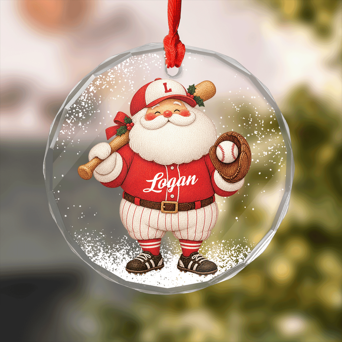 Round clear glass ornament with Santa in a baseball uniform holding a bat and glove, custom name on the jersey