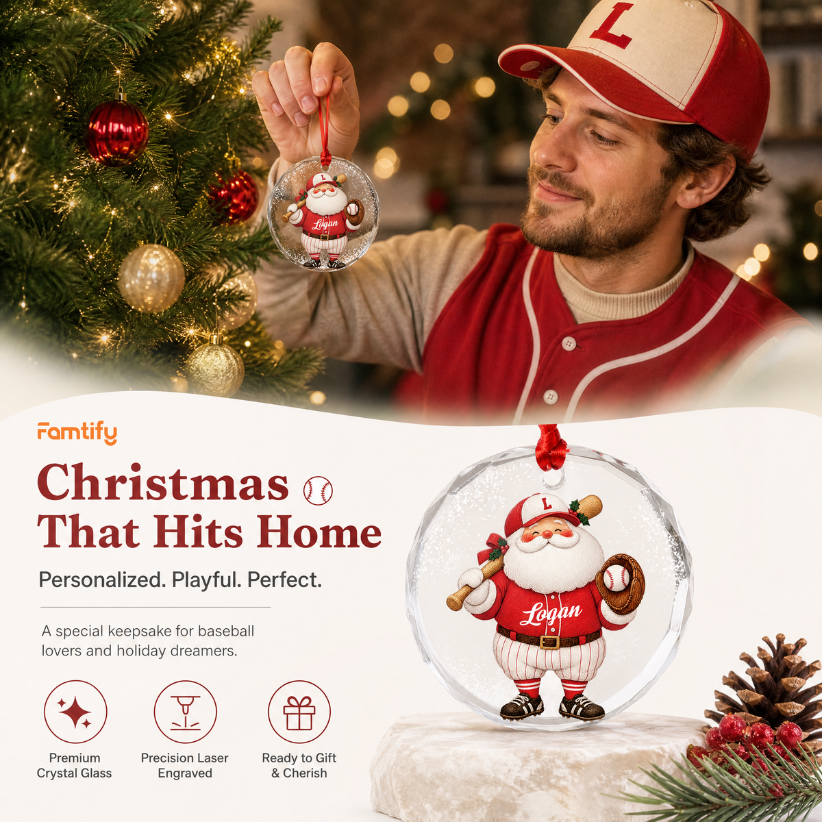 Personalized Santa baseball glass ornament in a cozy holiday setting