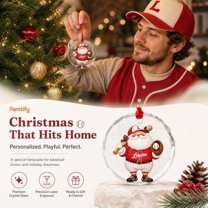 Personalized Santa baseball glass ornament in a cozy holiday setting