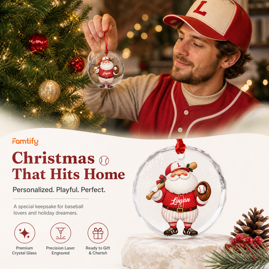 Personalized Santa baseball glass ornament in a cozy holiday setting