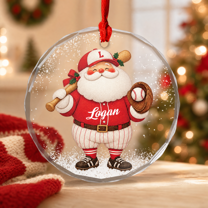 Santa baseball custom name glass ornament for the Christmas tree