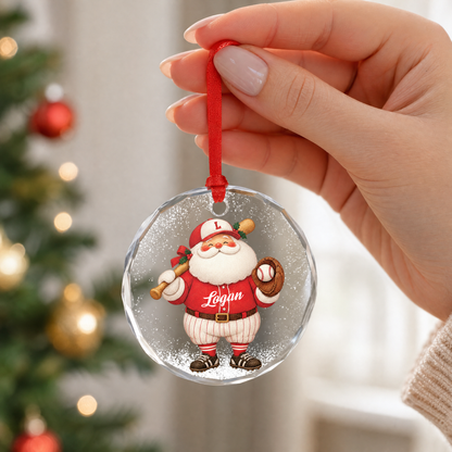 Clear glass Santa baseball ornament with custom name for holiday decor