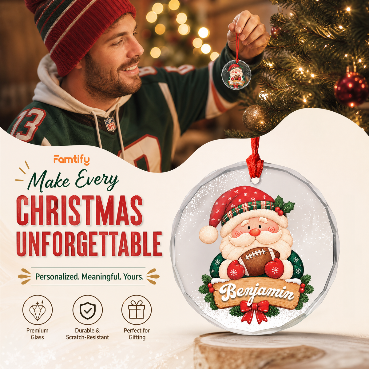 Personalized Santa football glass ornament in a cozy holiday setting