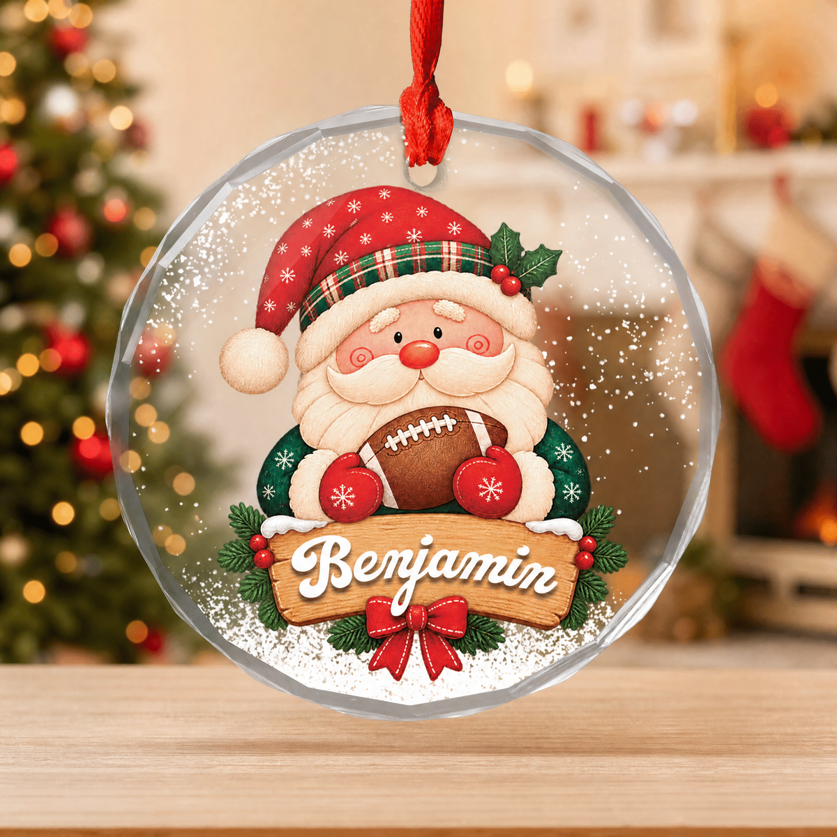 Santa football custom name glass ornament for the Christmas tree