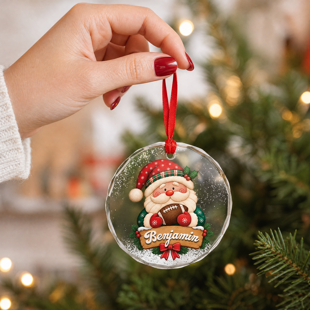 Personalized football player glass ornament as a Christmas gift