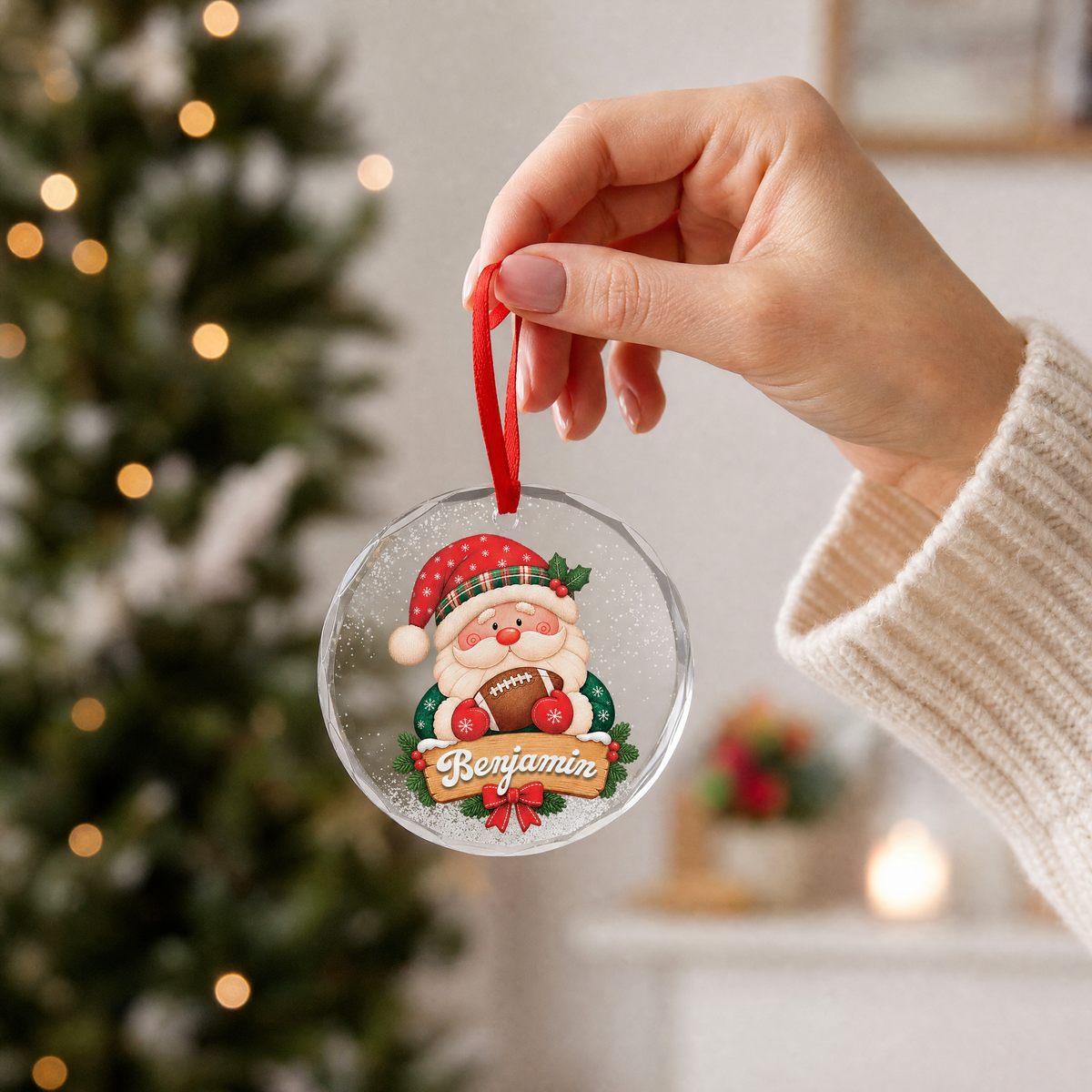 Clear glass Santa football ornament with custom name for holiday decor
