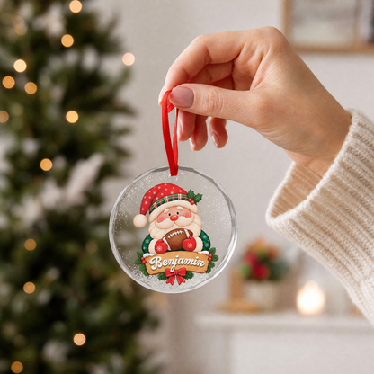 Clear glass Santa football ornament with custom name for holiday decor