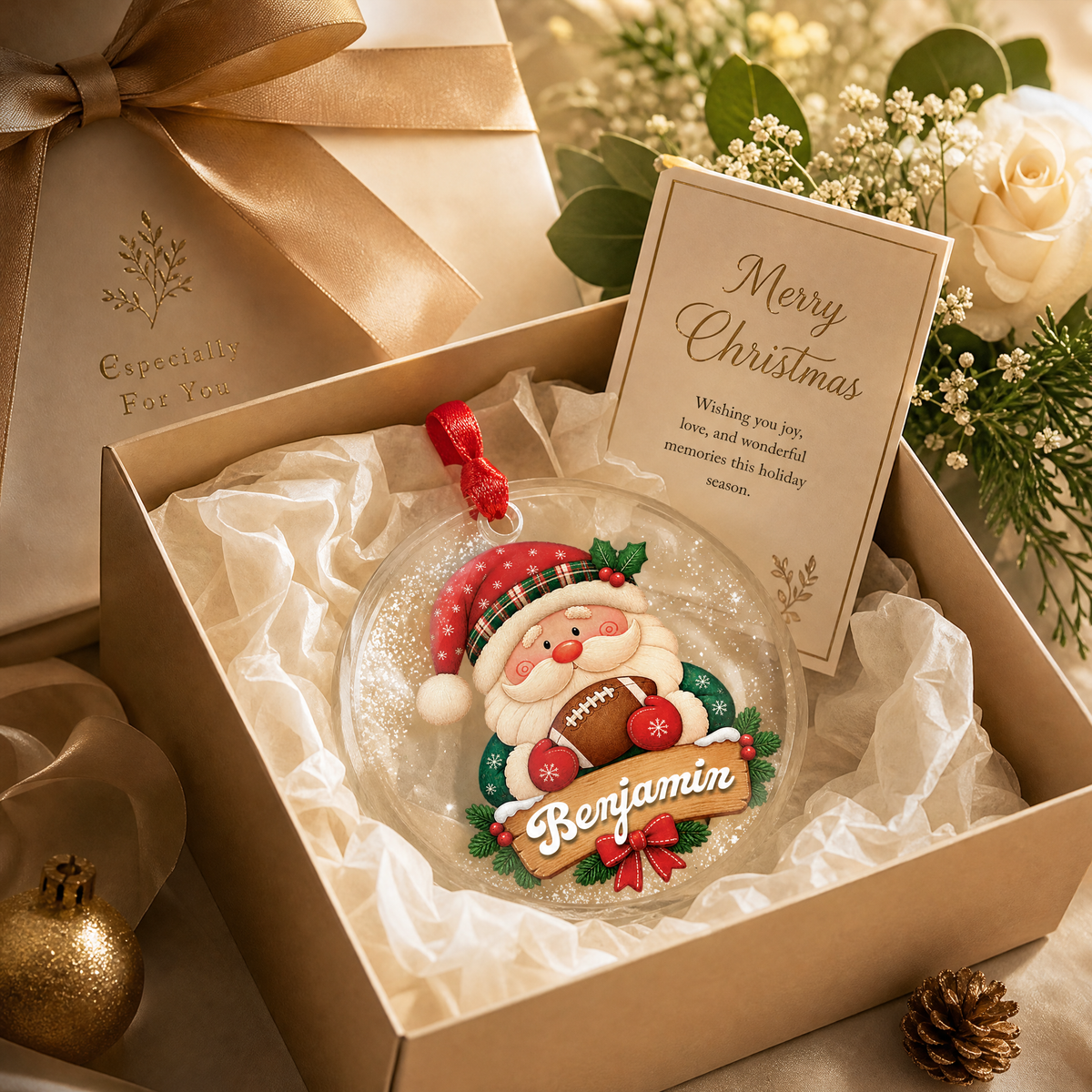 Santa football Christmas glass ornament keepsake