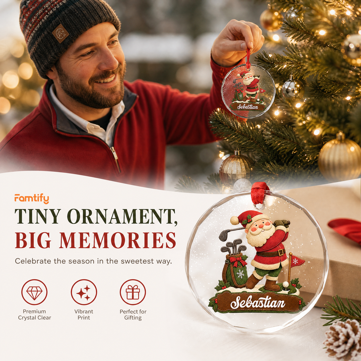 Personalized Santa golf glass ornament in a cozy holiday setting