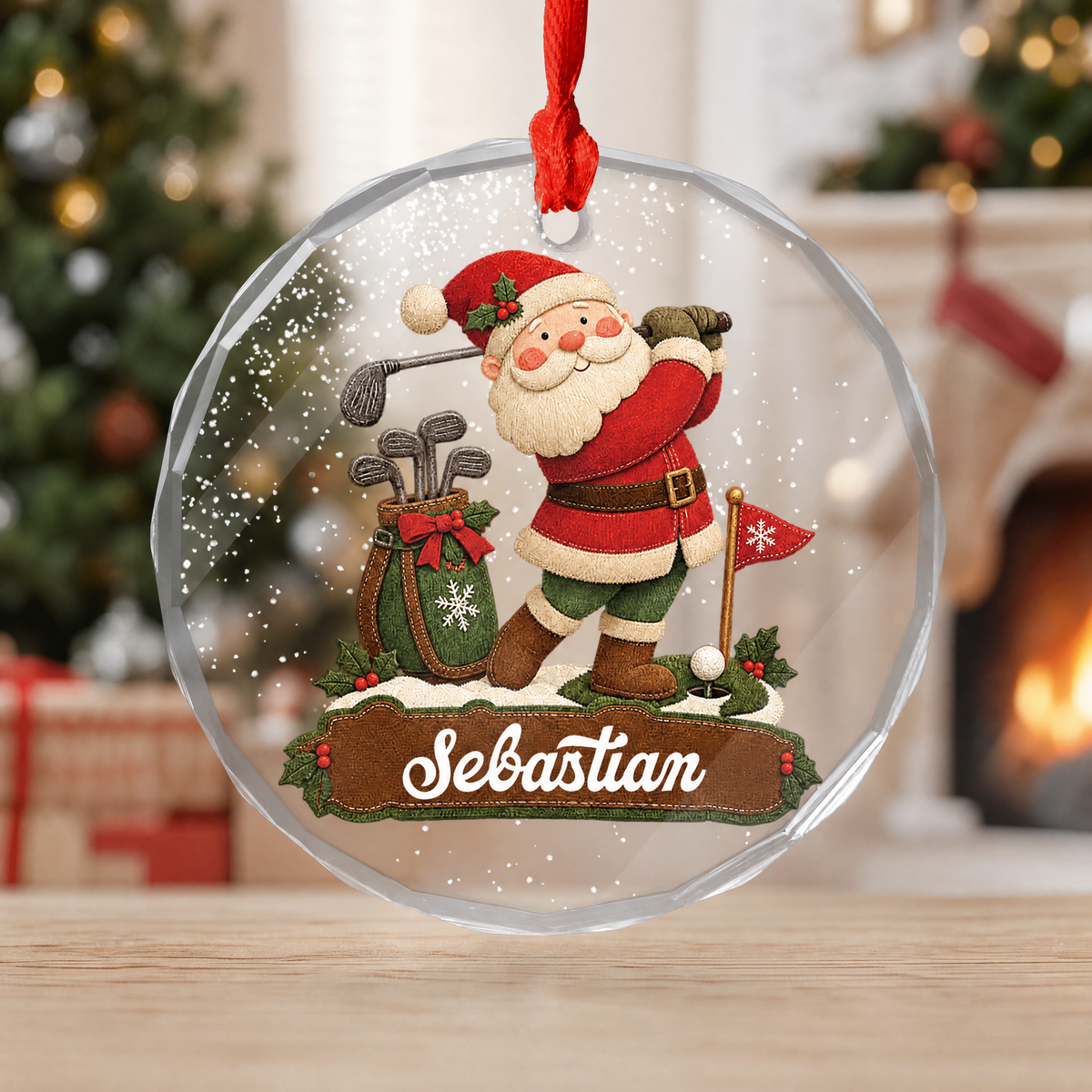 Santa golf custom name glass ornament for the Christmas tree