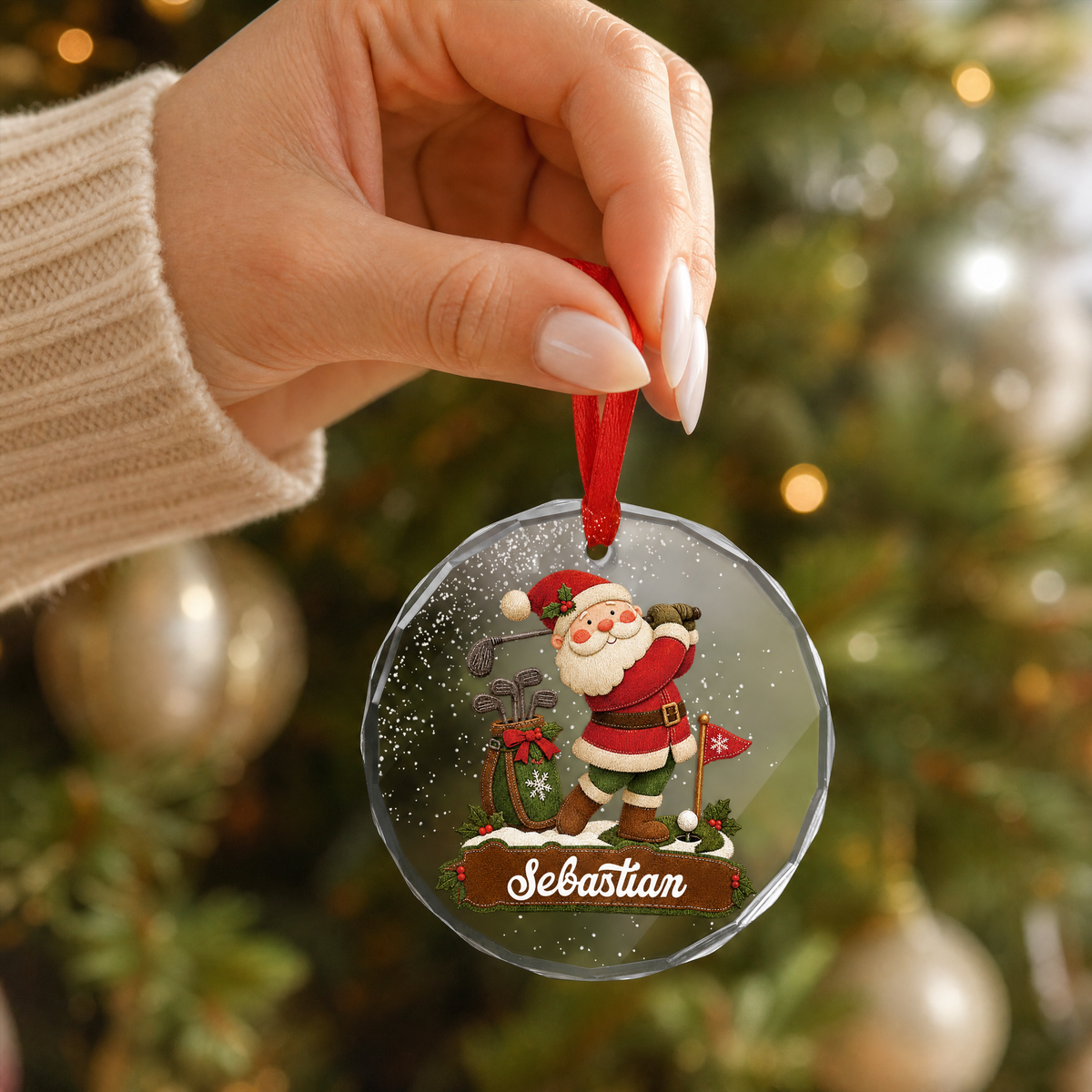 Clear glass Santa golf ornament with custom name for holiday decor