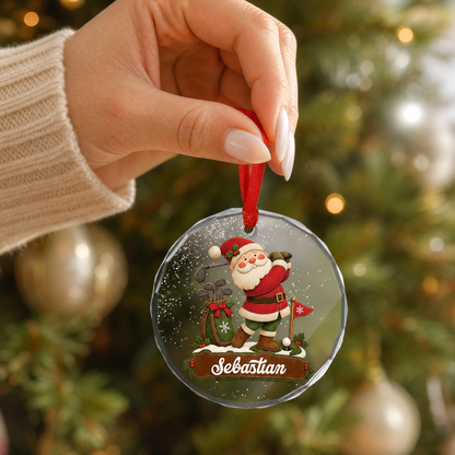 Clear glass Santa golf ornament with custom name for holiday decor