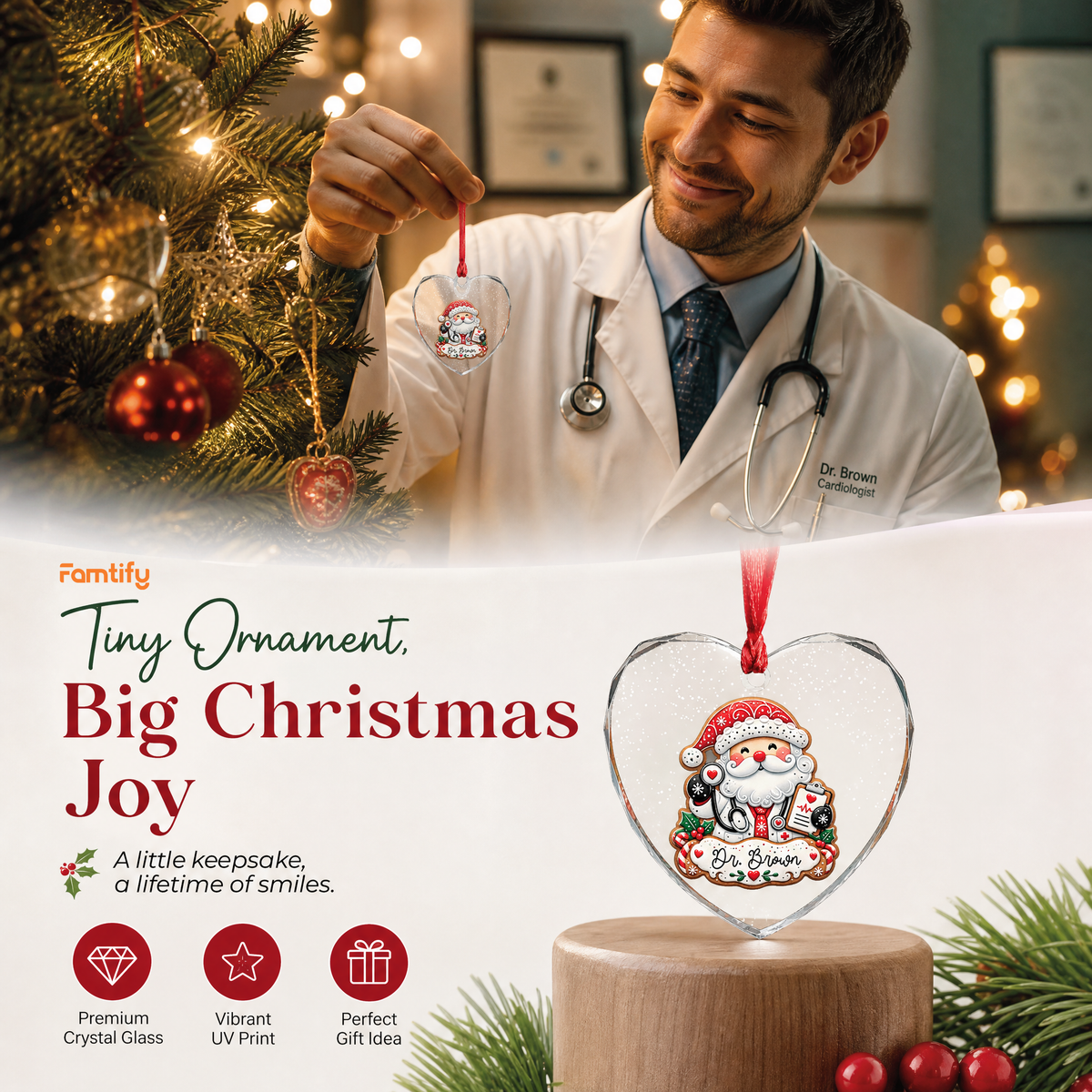 Personalized Santa doctor heart glass ornament in a cozy holiday setting