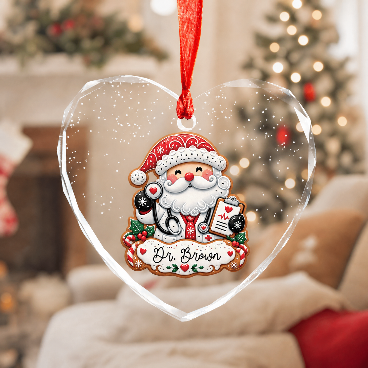 Santa doctor custom name glass ornament for the Christmas tree