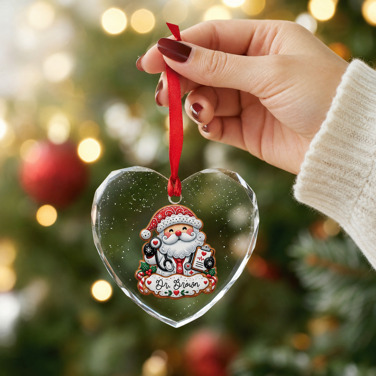 Clear glass Santa doctor ornament with custom name for holiday decor