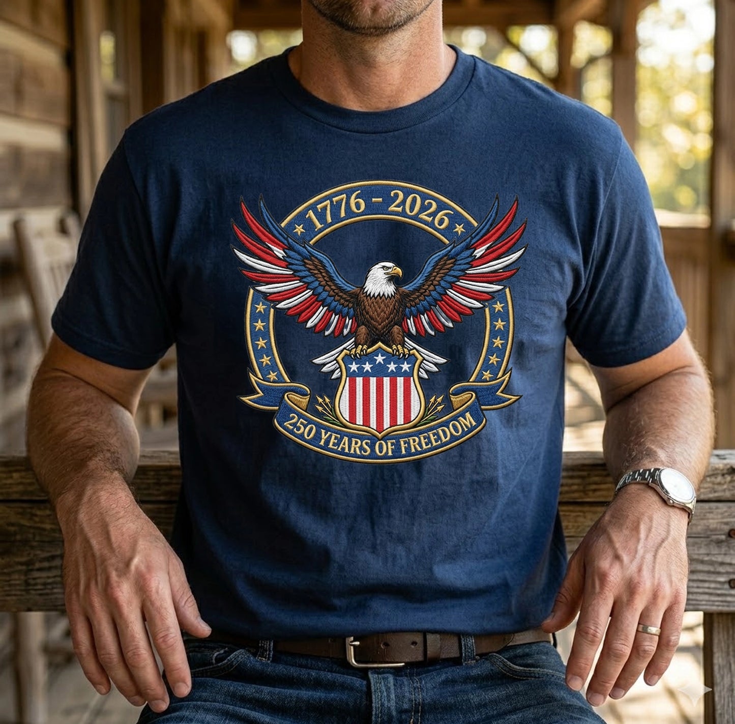 1776-2026 USA Flag Patriotic Embroidered T-Shirt - 250 Years Anniversary Shirt