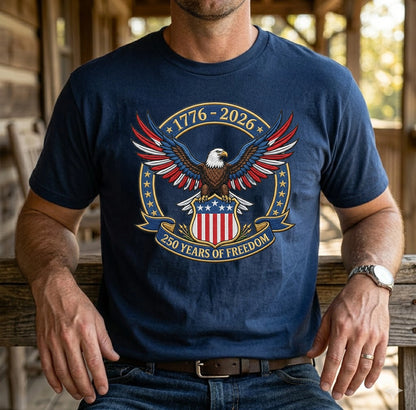 1776-2026 USA Flag Patriotic Embroidered T-Shirt - 250 Years Anniversary Shirt