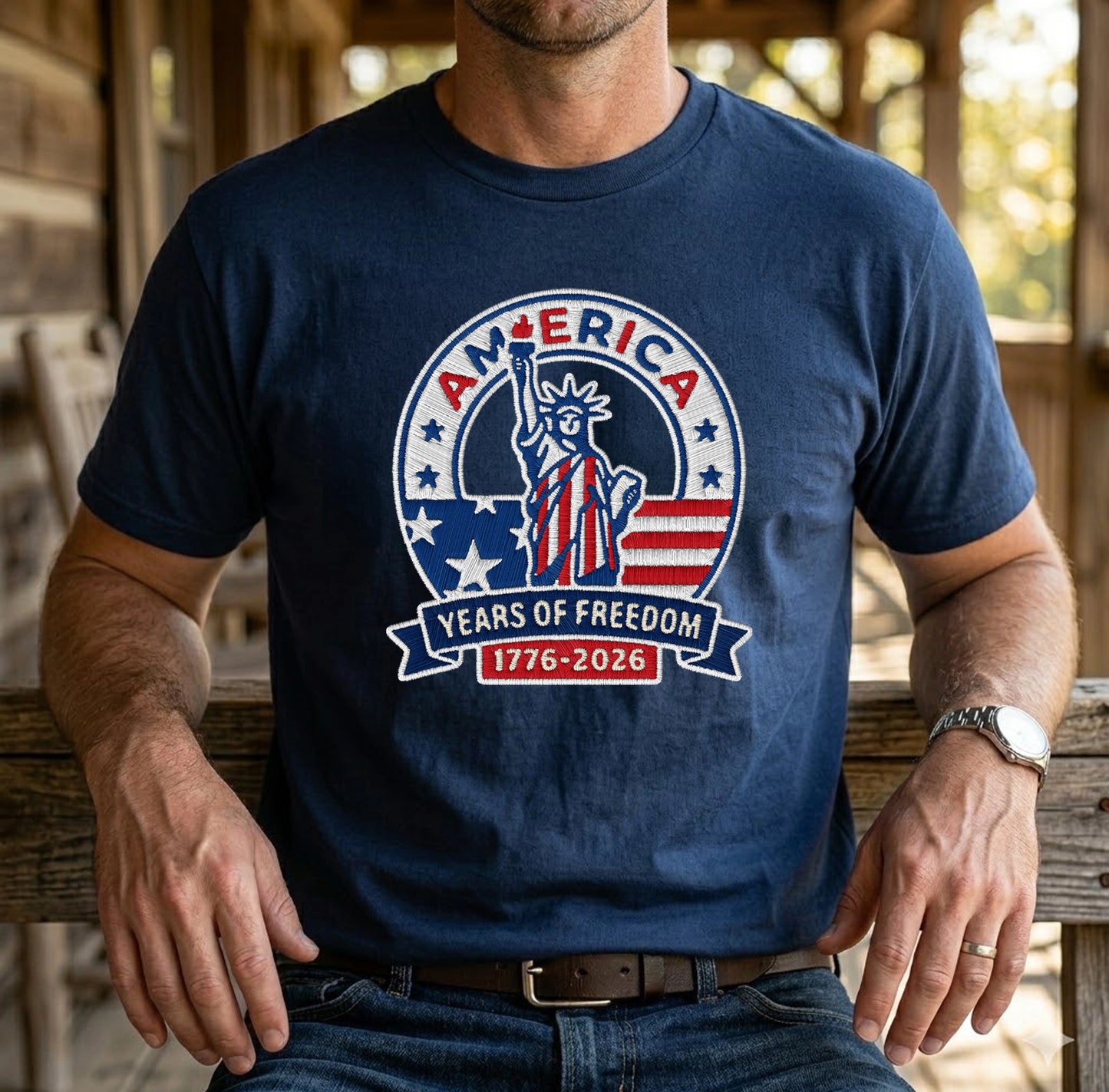 America 250th Anniversary Patriotic Embroidered T-Shirt - Independence Day Tee