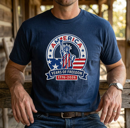 America 250th Anniversary Patriotic Embroidered T-Shirt - Independence Day Tee