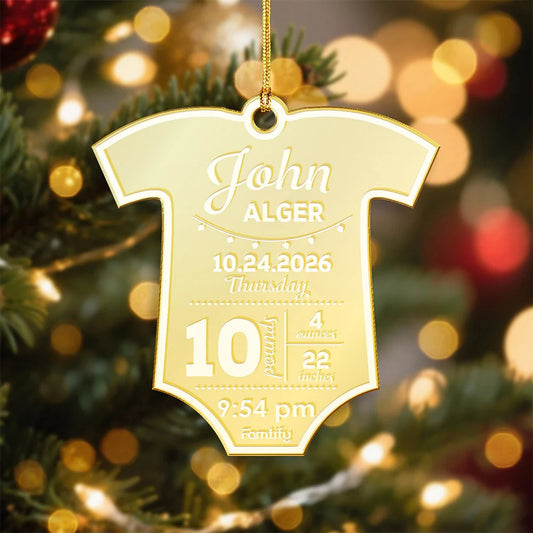 Gold mirrored baby onesie ornament engraved with a name, 2026 birth date, weight, length and time
