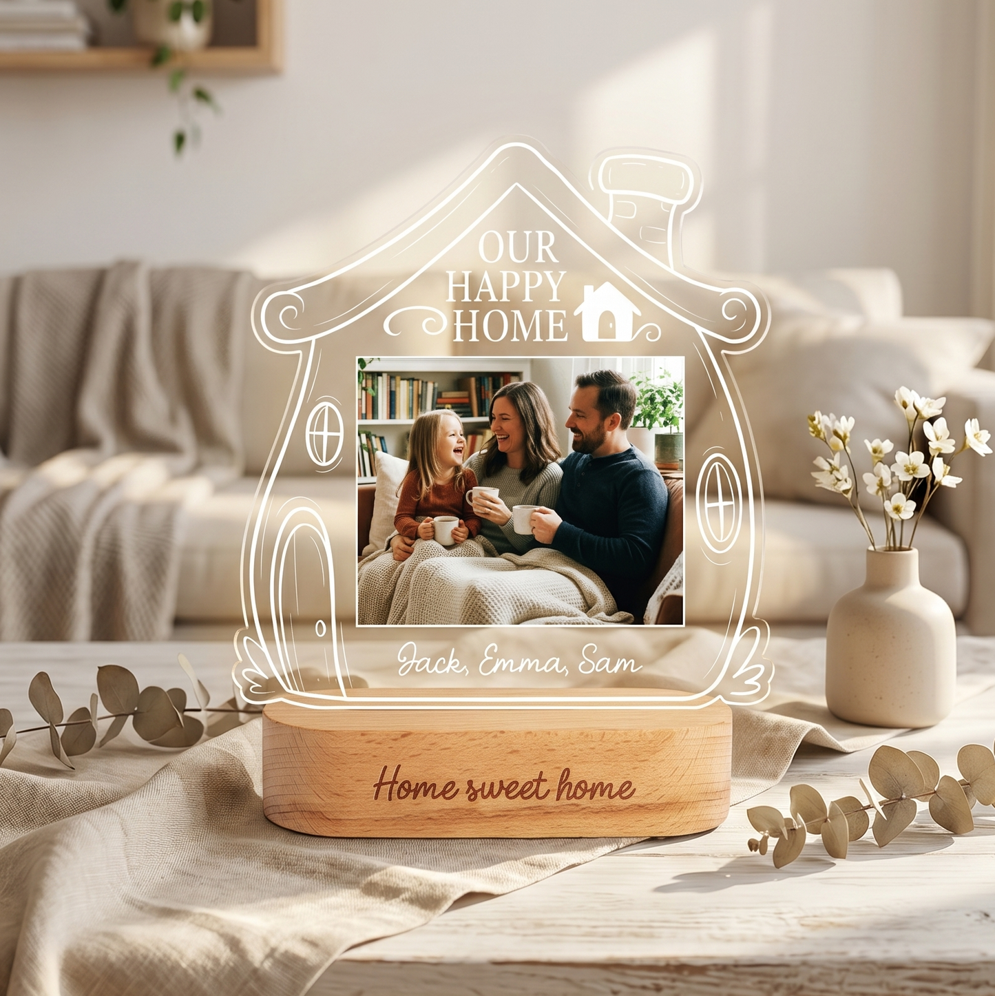 Personalized Our Happy Home Photo Night Light – Custom Family Photo LED Acrylic Lamp
