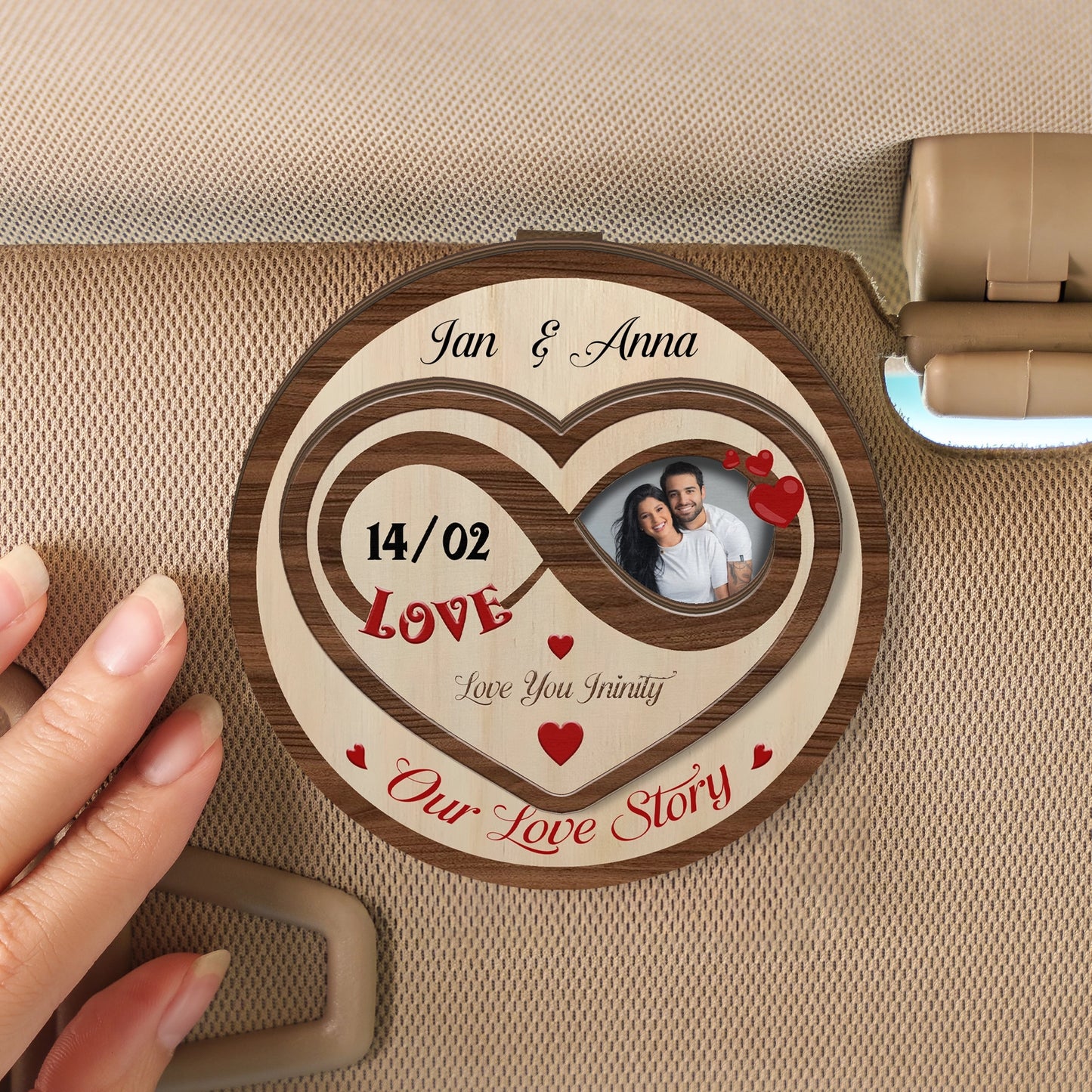 Love You To Infinity – Meaningful Car Gift for Couples – Personalized Photo 2-Layer Wooden Car Clip
