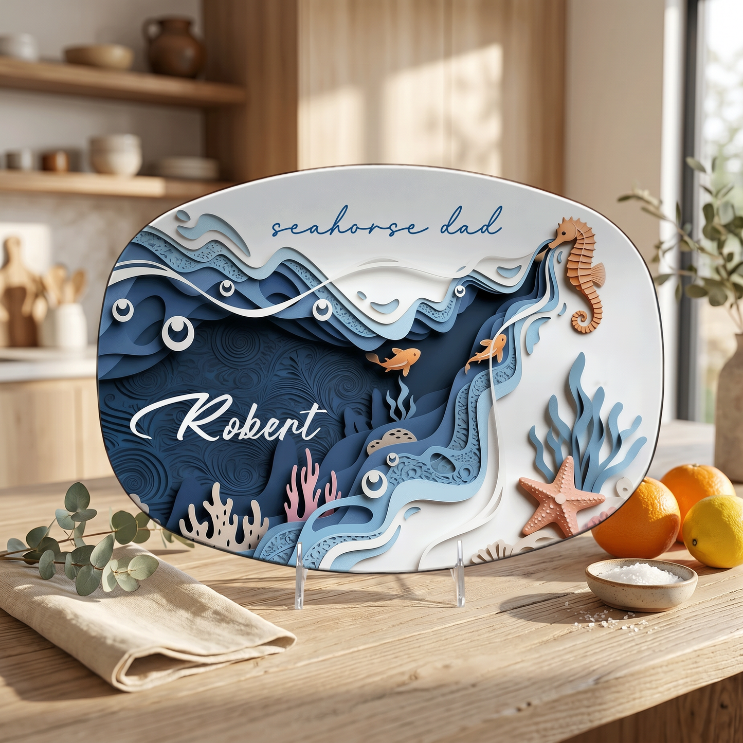 Personalized Seahorse Dad Decorative Plate – Custom Name Coastal Keepsake