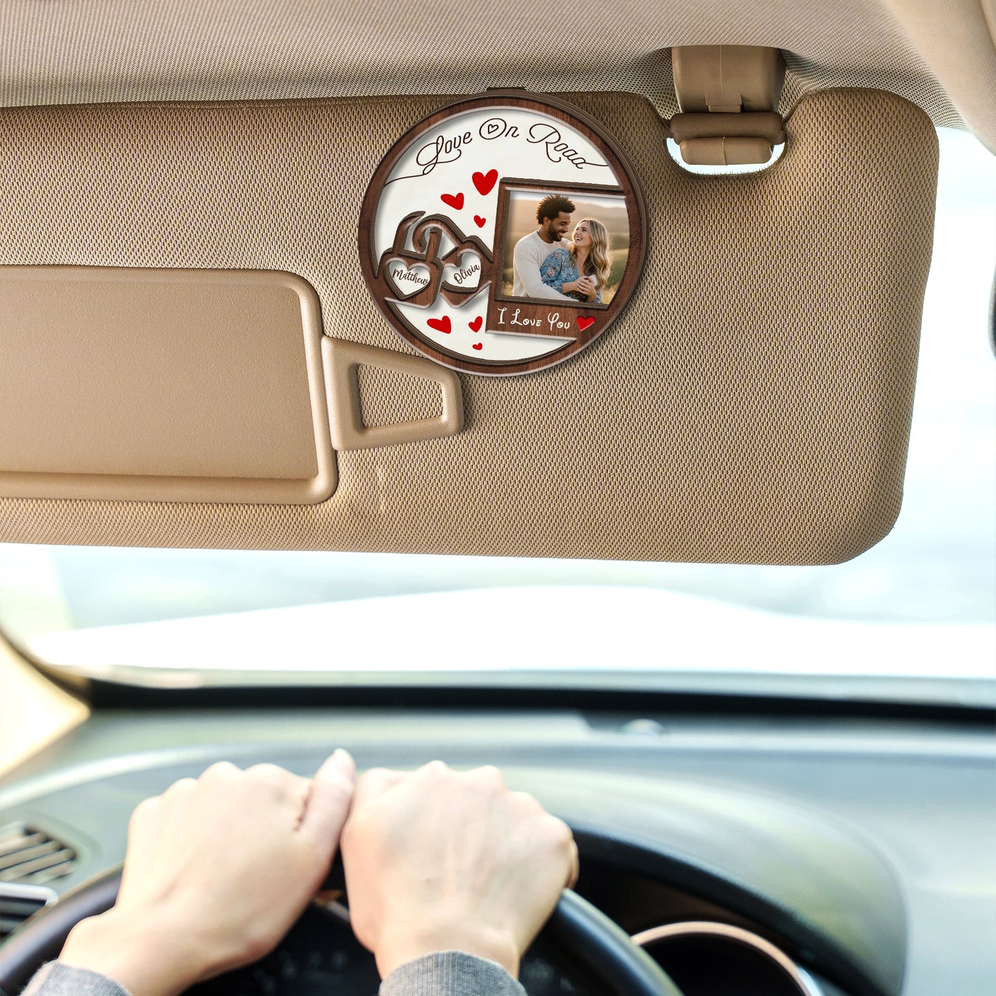 Love On The Road – Car Accessory Gift for Couples – Personalized Photo 2-Layer Wooden Car Clip