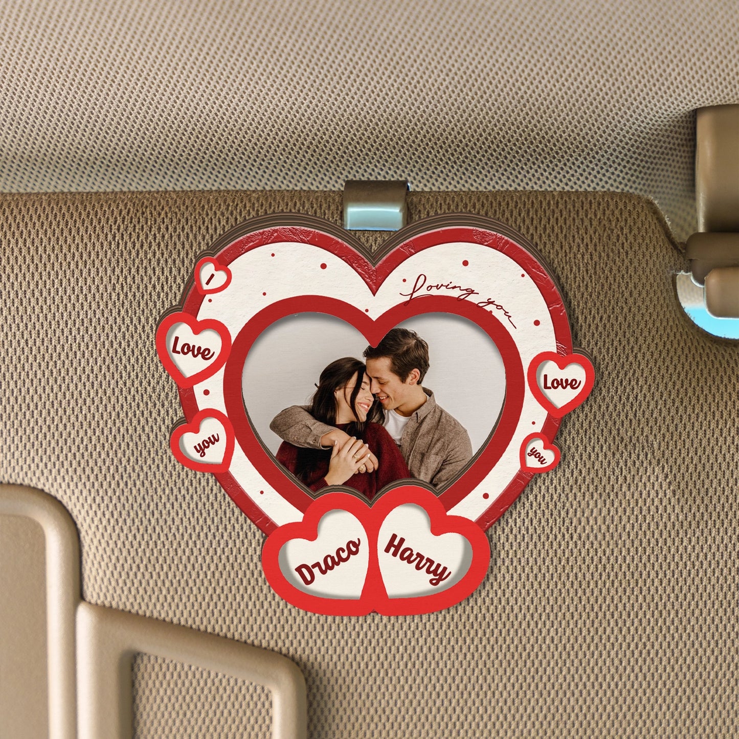 The Year I Found My Piece – Anniversary Car Gift for Couples – Personalized Heart-Shape Photo 2-Layer Wooden Car Clip