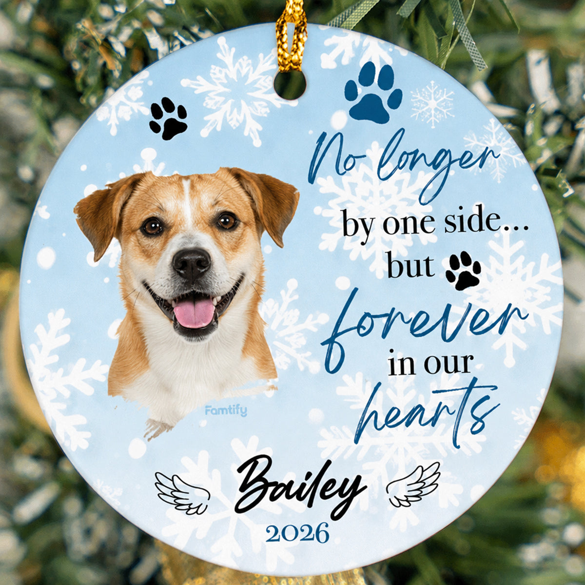 No Longer By Your Side personalized dog memorial ceramic ornament with pet name and year 2026