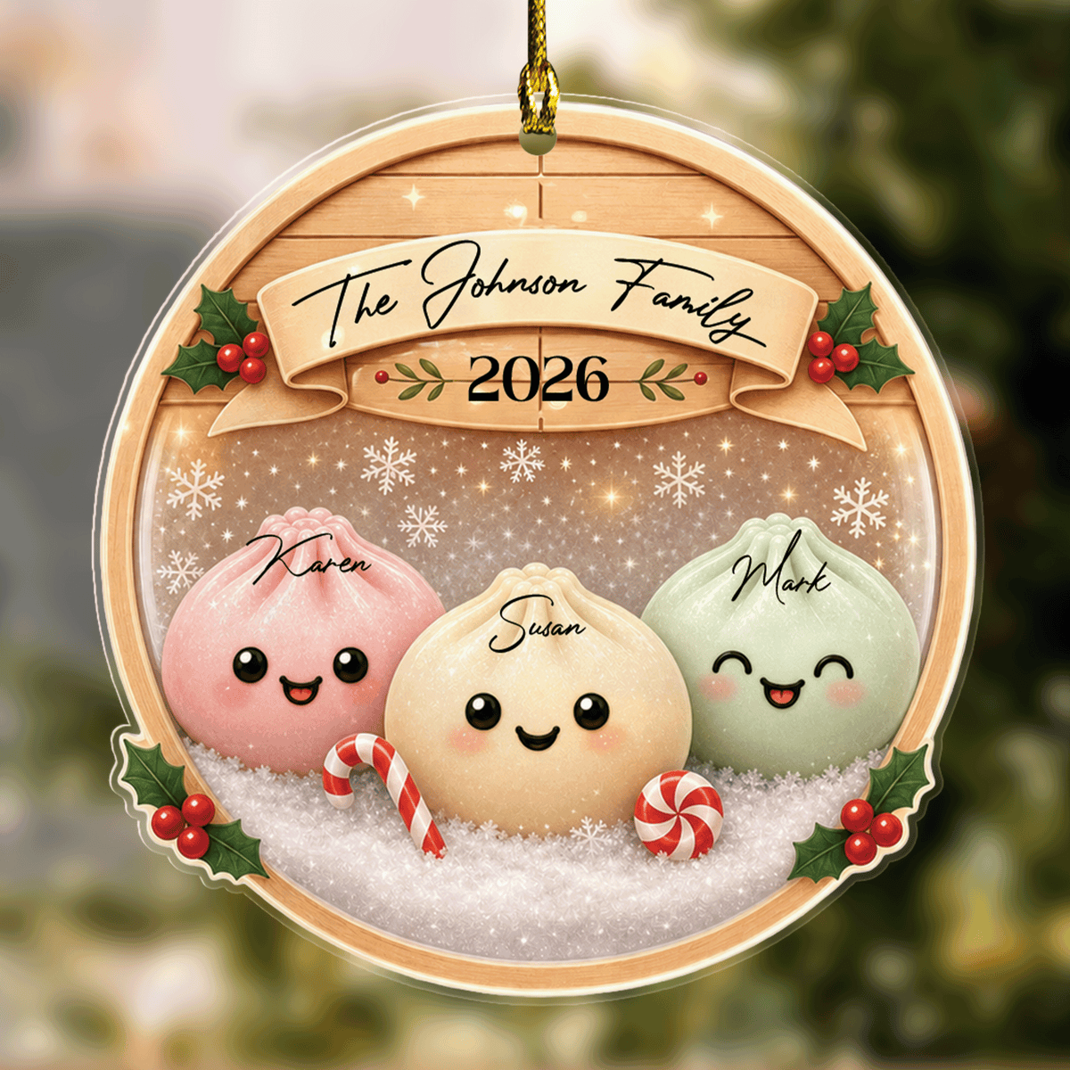 Personalized Bao Bun Family Steamer acrylic Christmas ornament with custom name