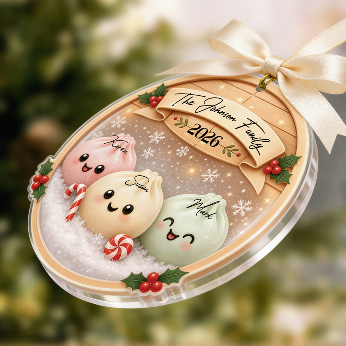 Personalized Bao Bun Family Steamer acrylic Christmas ornament, view 4