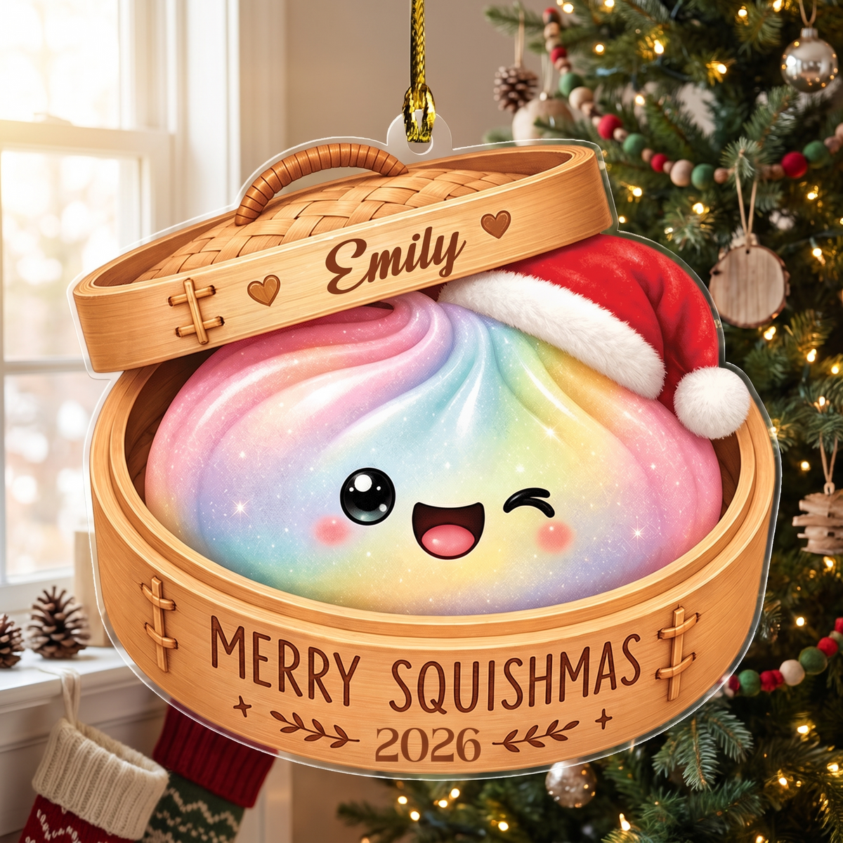 Personalized Merry Squishmas Bao Bun acrylic Christmas ornament, view 2