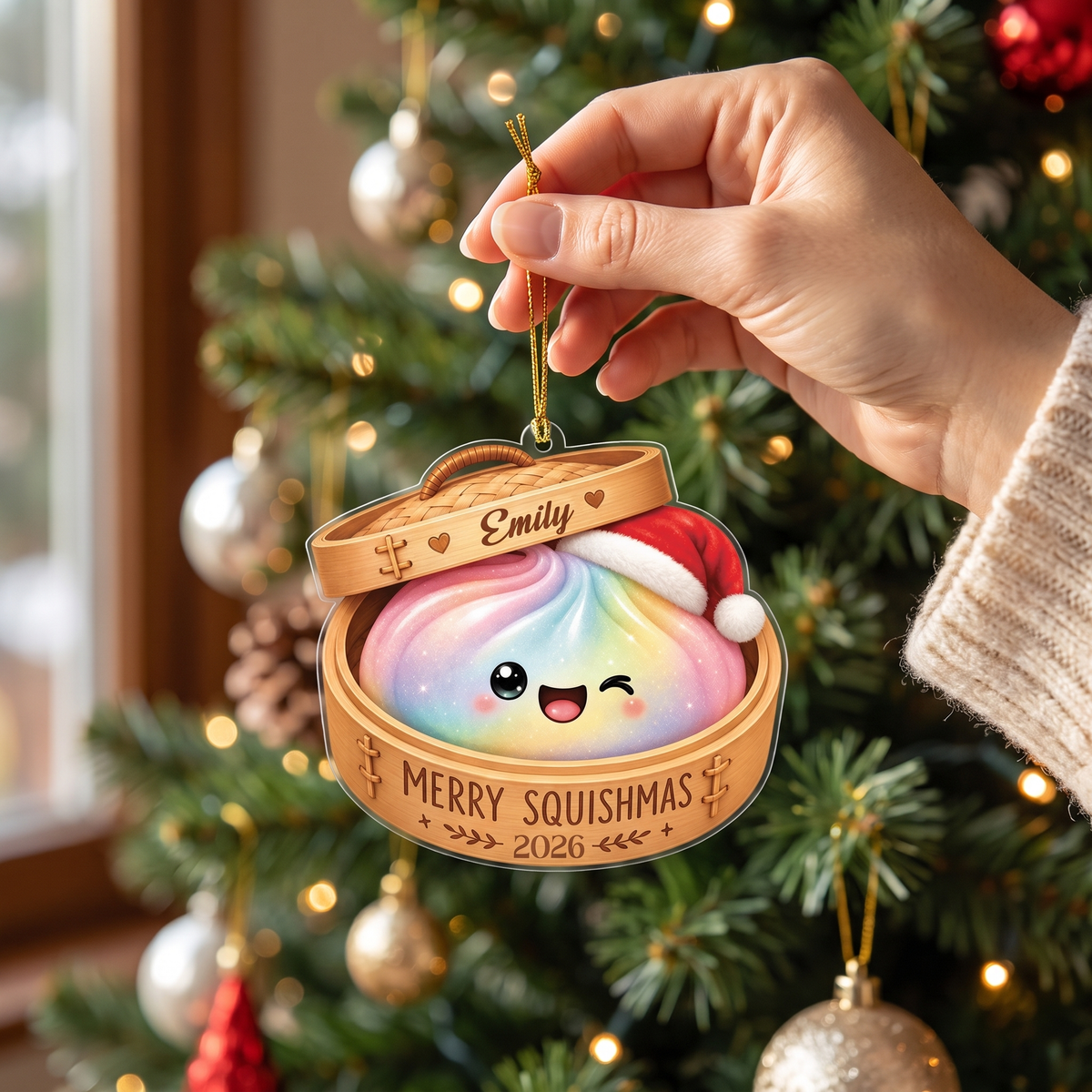 Personalized Merry Squishmas Bao Bun acrylic Christmas ornament, view 4